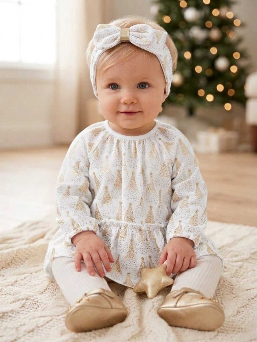 Adorable! Little Me 3pc Baby Girl Holiday Outfit 12 mos. Ivory w/ Gold Trees NWT